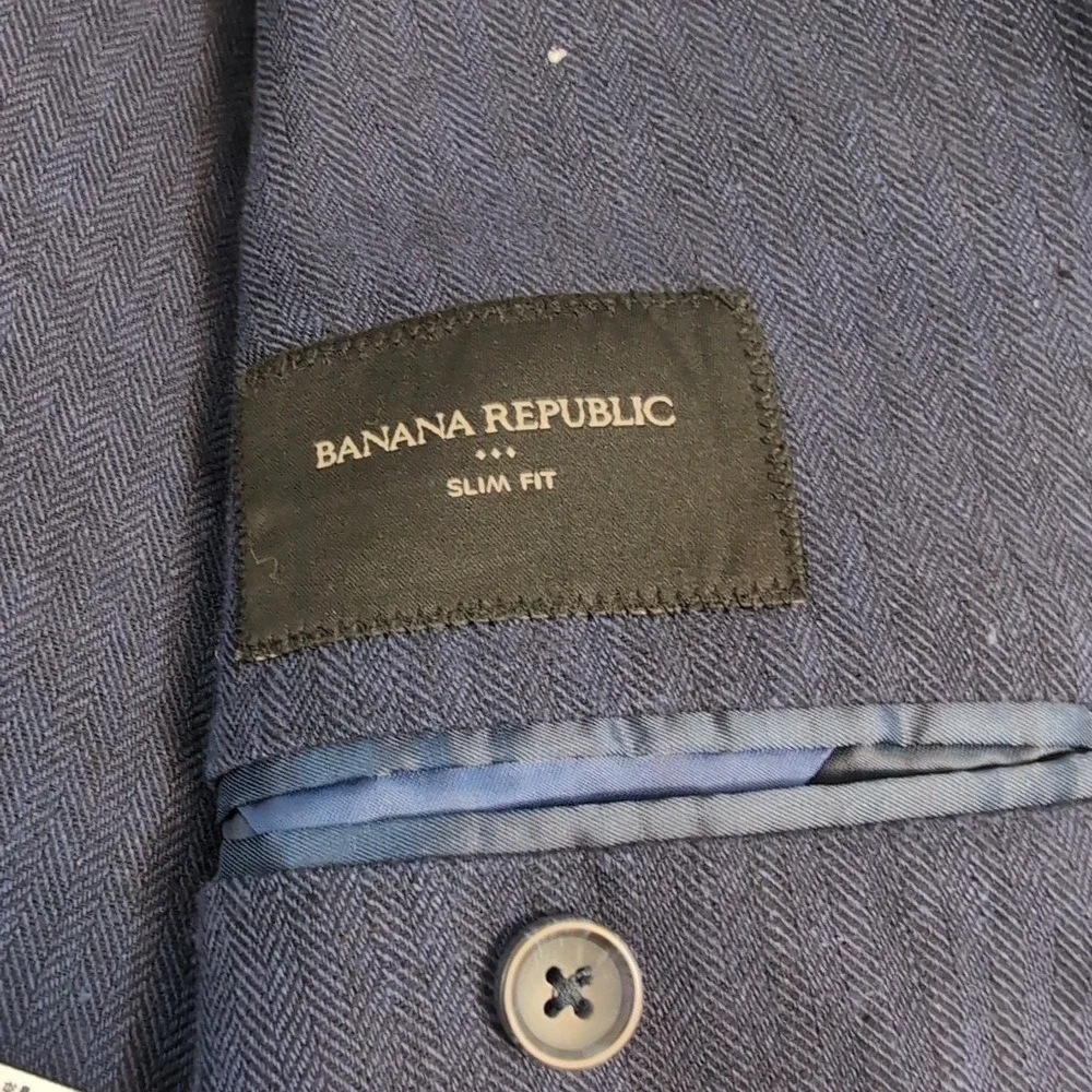 BANANA REPUBLIC Linen Blend Blazer Men's 42L Blue Solid Harringbone Slim Fit‎